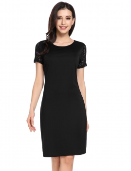 

Black Short Sleeve Keyhole Lace Patchwork Sheath Casual Dress, Multicolor