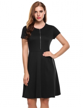 

Black Short Sleeve Front Zip Solid Skater Casual Dress, Multicolor