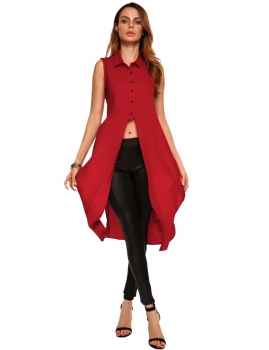 

Red Solid Button Down Long Sleeveless Split Hem Shirt, Multicolor