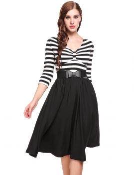 

Black 1950s Vintage Styles V-Neck Three Quarter Sleeve Striped Patchwork A-Line Pleated Hem Dress, Multicolor