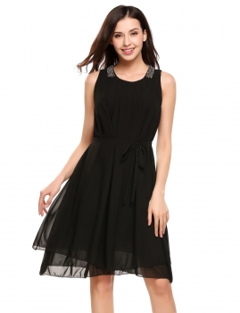 

Black Sleeveless Solid Beading Button Belted Dress, Multicolor