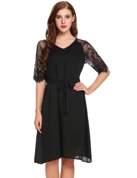 

Black V-Neck Half Sleeve Patchwork Lace Pleated Casual Dress, Multicolor