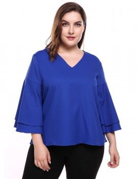 

Blue Bell-shaped Sleeve Solid V Neck Solid Loose Pullover Oversize Top, Multicolor