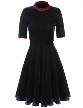 

Blue Casual O-Neck Short Sleeve Contrast Color A-Line Pleated Hem Slim Lint Tunic Velvet Dress, Multicolor