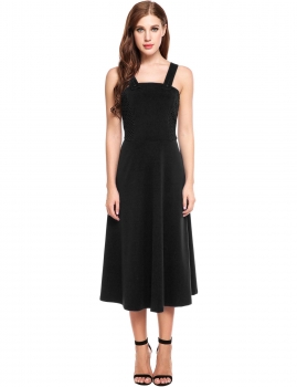 

Black Sleeveless Patchwork Square Neck Backless Cocktail Maxi Dress, Multicolor