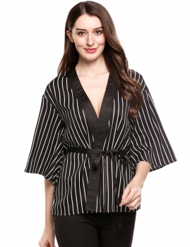 

Black Long Sleeve Loose Open Front Striped Kimono Cardigan With Belt, Multicolor