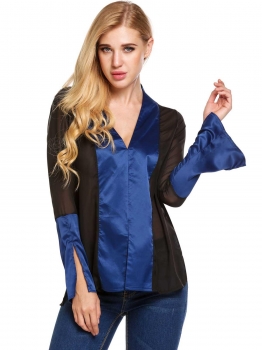 

Black Long Sleeve Satin Chiffon Patchwork Split Loose Tops, Multicolor