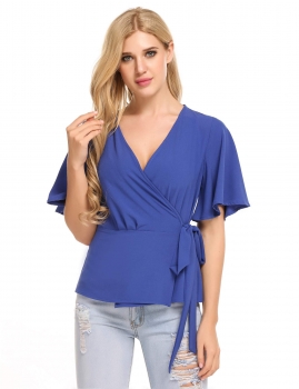 

Blue Flare Sleeve Solid Wrap Front Tie Slim Fit Blouse, Multicolor