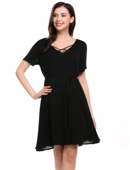 

Black V-Neck Short Sleeve Solid Loose Fit Tunic Belted Casual Dress, Multicolor