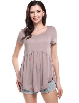 

Coffee O-Neck Short Sleeve Solid A-line Circular Arc Hem Elastic Baby Doll Tops, Multicolor