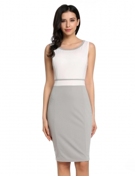 

Gray O-Neck Sleeveless Patchwork Contrast Color Back Split Elastic Tank Going Out Dress, Multicolor