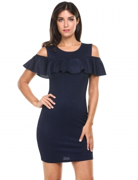 

Blue O-Neck Cold Shoulder Solid Ruffle Package Hip Going Out Dress, Multicolor