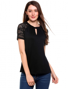 

Black Lace Patchwork Short Sleeve Hollow Out O-Neck Elastic T-Shirt, Multicolor