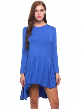 

Blue Long Sleeve Solid Slide Slit Asymmetrical Casual Dress, Multicolor