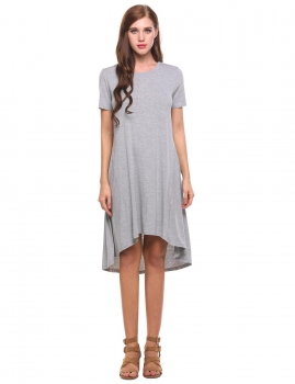 

Gray O-Neck Short Sleeve Loose Asymmetrical Pleated Hem Elastic Dress, Multicolor