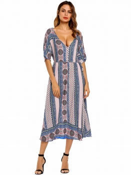 

Blue Boho Style Plunging Neck Print Loose Beach Dress, Multicolor