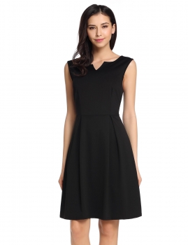 

Black Double V-Neck Sleeveless Solid A-Line Pleated Hem Elastic Dress, Multicolor