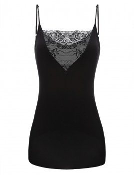 

Black Square Collar Lace Patchwork Adjustable Spaghetti Straps Hollow Out Elastic Cami Tops, Multicolor