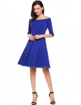 

Blue Short Sleeve Lace Patchwork Slash Neck Tunic Off the Shoulder A-Line Dress, Multicolor