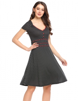 

Black Vintage Style V-Neck Dot Front Button A-Line Dress, Multicolor