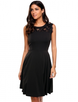 

Black O-Neck Sleeveless Lace Patchwork Hollow Out Going Out Dress, Multicolor