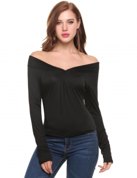 

Black Off the Shoulder Pleated Elastic Slim V-Neck Long Sleeve Solid Top, Multicolor