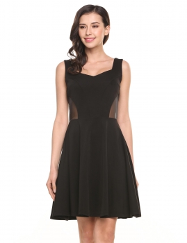 

Black Sleeveless Waist See-through A-Line Pleated Hem Elastic Tank Dress, Multicolor