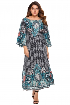 

Plus Size Boat Neck Printed 3"4 Sleeve Print Loose Dress, Multicolor