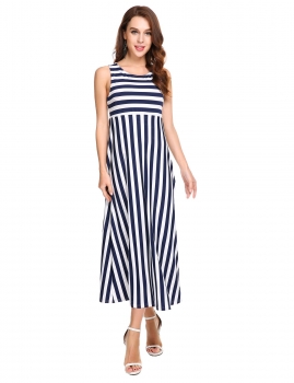 

Blue Stripes Sleeveless Crew Neck High Waist Long Dress, Multicolor