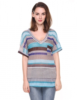 

Navy blue Short Cuffed Sleeve Striped V-Neck Pullover Elastic Tops, Multicolor