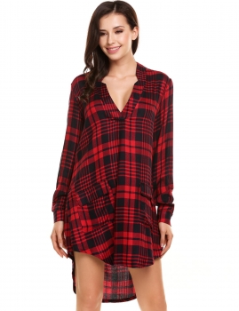 

Red Long Sleeve Loose High Low Hem V Neck Pullover Plaid Shirt, Multicolor