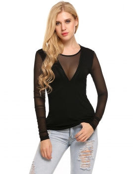 

Black Mesh Patchwork Semi-Sheer O-Neck Long Sleeve Elastic T-Shirt, Multicolor