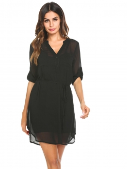 

Black V-Neck Roll Up Long Sleeve Solid Casual Shirt Dress With Belt, Multicolor