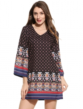 

Black New Women Ethnic Styles V-Neck Long Sleeve Prints Pullover Straight Dress, Multicolor