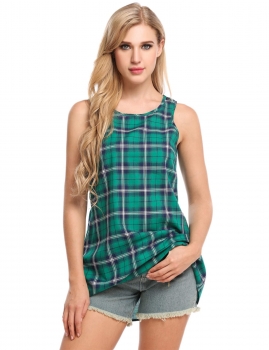 

Green Round Neck Keyhole Back Plaid Loose Fit Tank Top, Multicolor