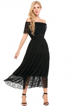 

Black Off The Shoulder Lace Patchwork A-Line Dress, Multicolor
