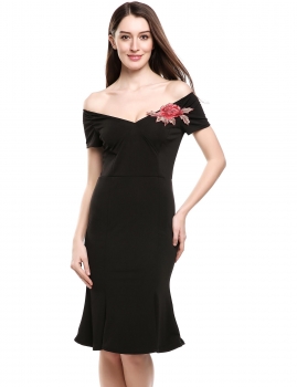 

Black Vintage Styles V-Neck Short Sleeve Solid Off Shoulder Mermaid Going Out Dress, Multicolor