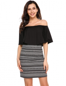 

Black Off Shoulder Prints Patchwork Ruffle Brim Going Out Dress, Multicolor