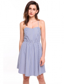 

Blue Strap Backless Sleeveless Striped Dress, Multicolor