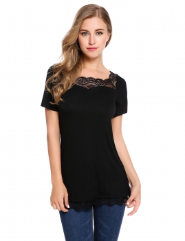 

Black Short Sleeve Wave Lace Hollow Out Brim Patchwork Casual Top T-Shirt, Multicolor