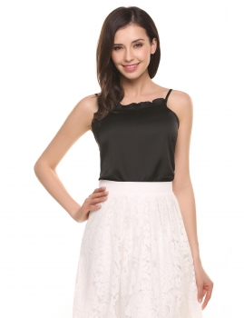 

Black Ruffle Brims Spaghetti Strap Sleeveless Solid Satin Camisole, Multicolor