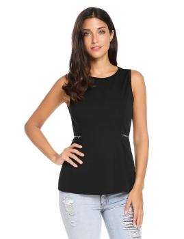 

Black O-Neck Sleeveless Solid A-Line Pleated Hem Elastic Tank Tops, Multicolor