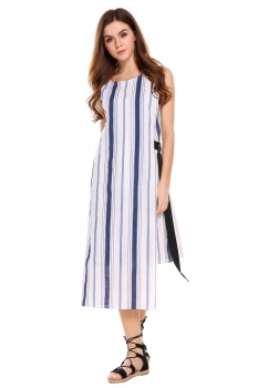 

Blue Sleeveless Striped Asymmetric Hem Loose Waisted Shift Dress, Multicolor