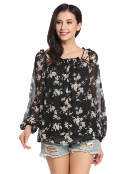 

Black Boat Neck Lantern Long Sleeve Tether Floral Chiffon Blouse, Multicolor