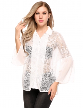 

White Bell Sleeve Loose Chiffon Button-Down Lace Tops, Multicolor