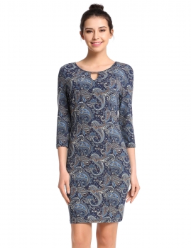 

Blue O-Neck Three Quarter Sleeve Prints Elastic Pullover Going Out Dress, Multicolor