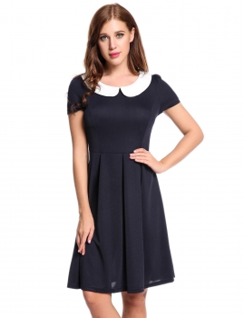

Blue Short Sleeve Contrast Color Doll Collar Vintage Style A-Line Casual Dress, Multicolor
