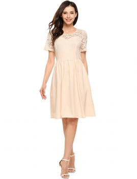 

Beige O-Neck Short Sleeve Lace Patchwork Pleated Solid Dress, Multicolor