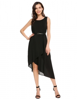 

Black Sleeveless Chiffon Belted High Low Hem Dress, Multicolor