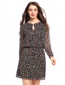 

Black Prints Hollow Out A-Line Chiffon Dress with Lining, Multicolor